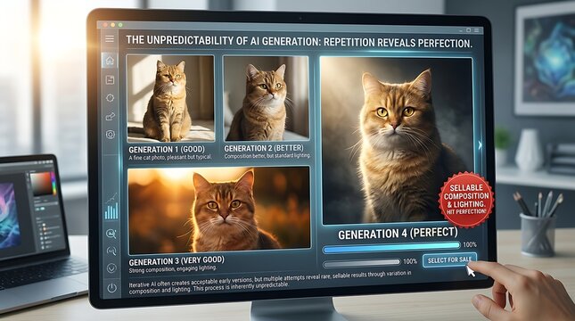 Computer screen displaying multiple generated images of a cat