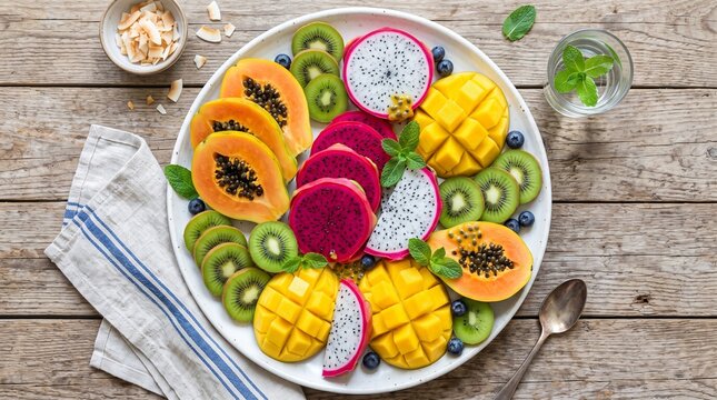 Fresh tropical fruit platter with papaya, dragon fruit, mango, kiwi, blueberries, and coconut flakes on a wooden table for healthy diet concept