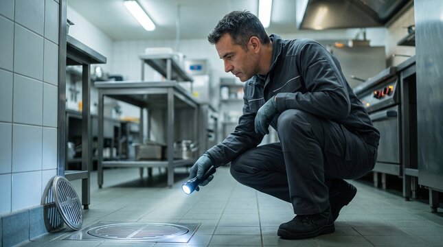 Pest control technician, checking restaurant drain, after hours kitchen inspection, professional sanitation and insect prevention for commercial food service facilities