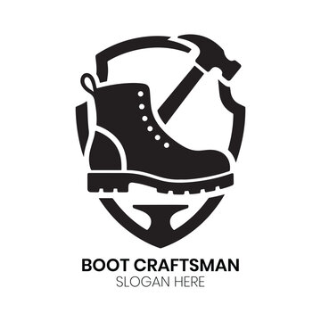 Boot Craftsman leather boot hammer shield protection vector logo design