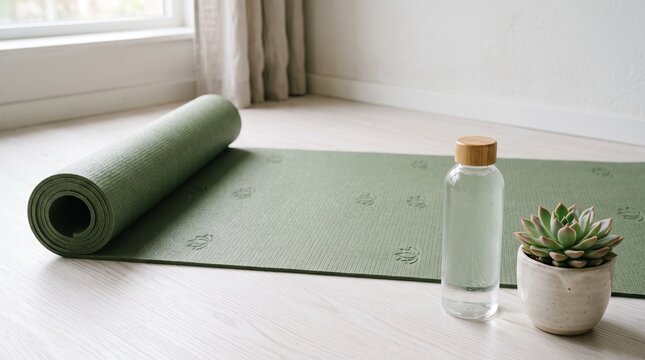 Green yoga mat rolled out on a light wooden floor with a glass water bottle and a potted succulent plant Crassula ovata in a bright minimalist room near a window