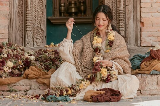 Young Newari woman in traditional dress threading a globe amaranth flower garland on a brick doorstep for cultural craft and festival campaigns