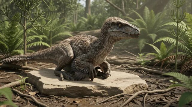 Feathered Deinonychus Resting on a Sandstone Rock in a Prehistoric Forest