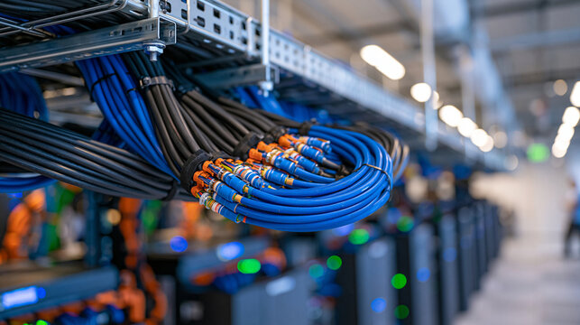 Industrial data center ceiling filled with precisely mounted metal cable trays, dense but perfectly organized bundles of power cables and network wires, clean structured infrastructure system, rows 