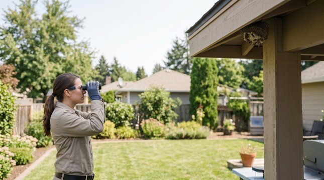 Pest control technician, assessing wasp nest, safe outdoor distance, professional stinging insect inspection for residential property protection and maintenance