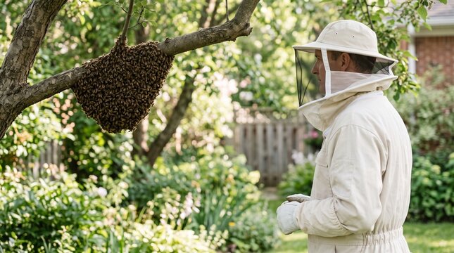Pest control technician, evaluating bee swarm, garden tree assessment, responsible stinging insect service concept emphasizing safe professional inspection and care