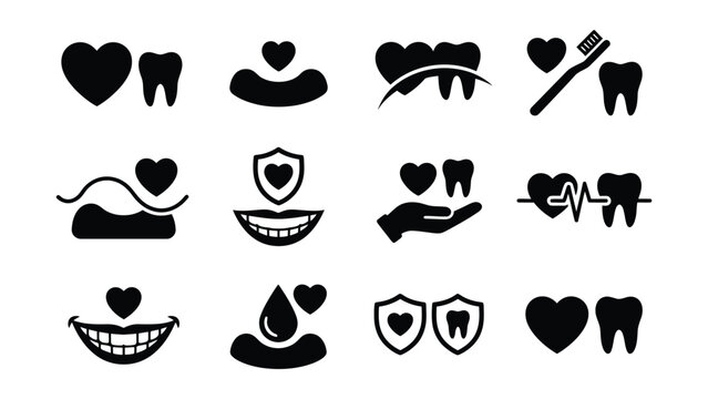 Black and white dental care icons with heart symbols collection
