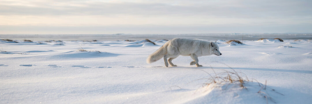 Arctic Fox in Winter Coat, White Arctic Fox, Vulpes Lagopus, Snowy Tundra Landscape, Wild Animal in Nature, Cold Climate Wildlife, SnowyEnvironment, Wildlife Photography, Mammal in Snow
