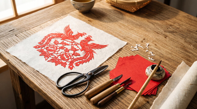 traditional chinese paper cutting craft with red phoenix design and tools on wooden table