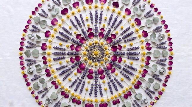 Floral mandala art with lavender and rose petals, circular flower pattern for wellness, botanical flat lay design isolated on White Background