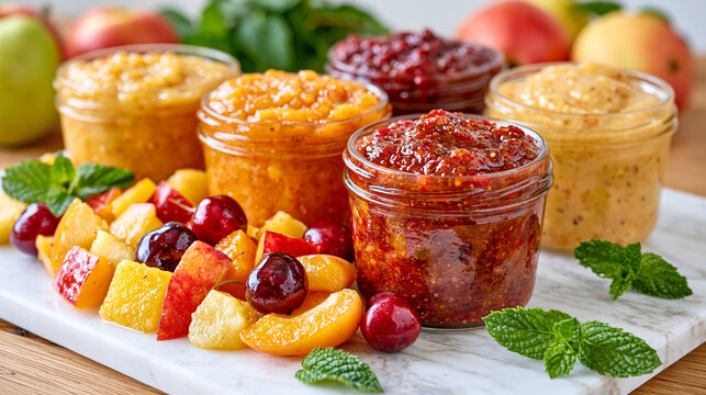 Side view of four reusable baby food pouches filled with peach, apricot, cherry and pear puree, colorful fresh fruits arranged in front of the pouches on a polished marble counter, mint leaves scatt