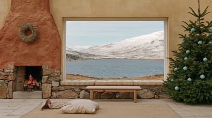 Naklejka premium Cozy alpine cabin interior with a stone fireplace and large window overlooking a snowy mountain lake, for winter travel and virtual backdrops