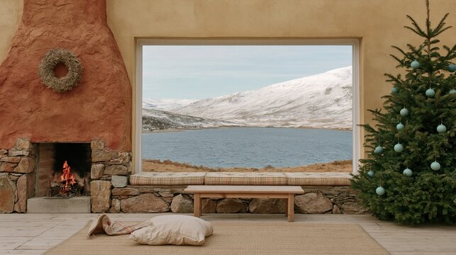 Cozy alpine cabin interior with a stone fireplace and large window overlooking a snowy mountain lake, for winter travel and virtual backdrops