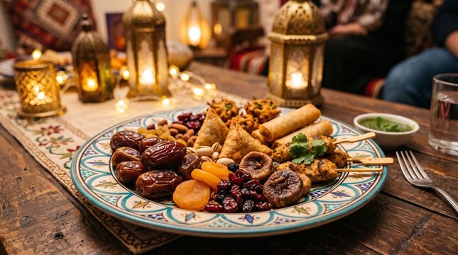 Ramadan Iftar platter with dates, dried fruits, samosas and appetizers on festive table