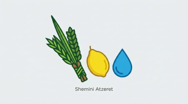 Shemini atzeret celebration icon with green lulav palm branch yellow etrog lemon and blue water drop symbol