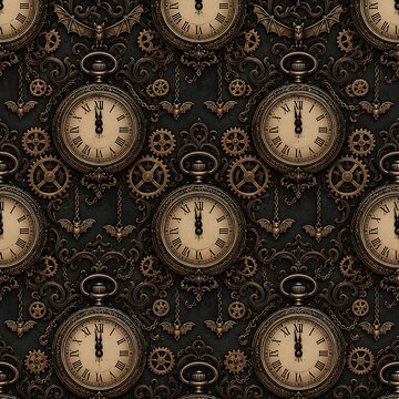 Gothic Steampunk Halloween Clock Seamless Pattern with Vintage Pocket Watches, Gears, and Bats Background