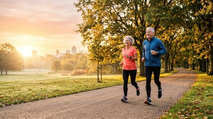 Obraz premium Senior couple jogging in autumn park at sunrise. Happy retired man and woman running together outdoors. Active lifestyle, healthy aging and fitness for elderly people concept.