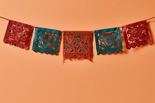 Papel picado flags with botanical cutouts on a string, featuring vibrant colors and frayed paper texture for fiesta graphics and copy space