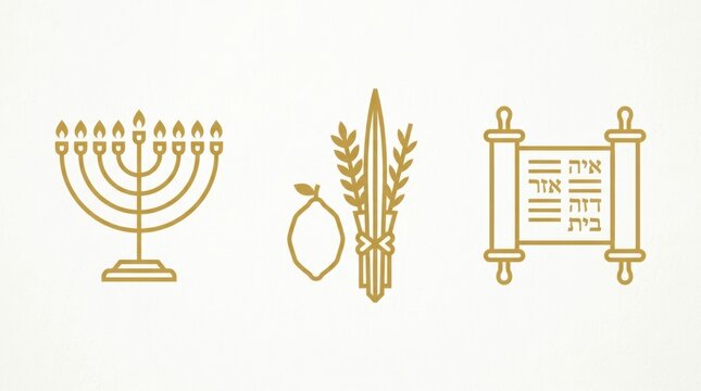 Gold line icons of jewish symbols featuring a menorah a lulav and etrog set and a torah scroll for holidays
