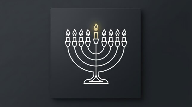 Neon style hanukkah menorah icon with glowing candle flame on a dark square background for jewish holiday