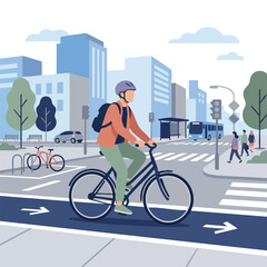 Flat vector illustration of a person riding a bicycle along a dedicated city bike lane. A cyclist wearing a helmet and backpack riding a navy blue bicycle on a blue painted bike path with directional  © Palak