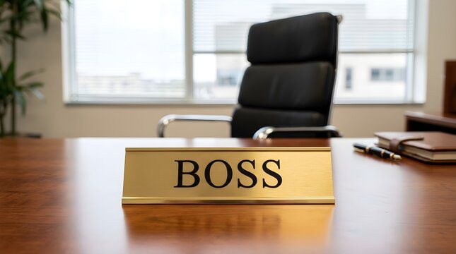 Gold Boss nameplate on a wooden executive desk in a modern corporate office interior.