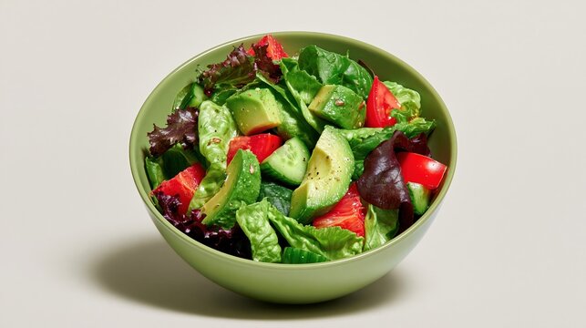 Mixed vegan salad in a green bowl with avocado and tomatoes on a neutral background, featuring fresh textures for wellness advertising and menus