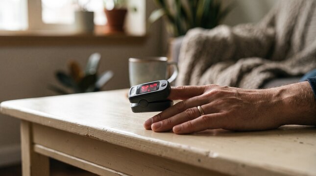 Person measuring blood oxygen level with digital fingertip pulse oximeter on hand resting on wooden table in living room for home health monitoring and wellness care