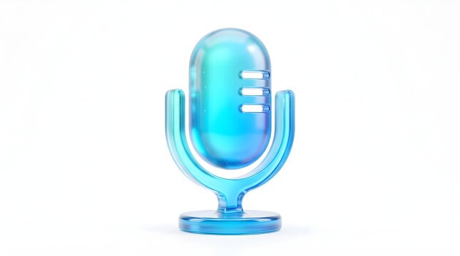 Translucent blue glass microphone icon for podcasting and audio recording digital media.