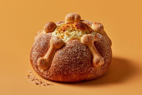 Pan de muerto bread with sugar-dusted crust and bone-shaped dough on a vibrant orange surface, featuring copy space for festive food promotion