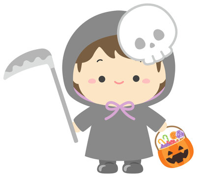 ハロウィンの死神の仮装の子供とお菓子のベクターイラスト