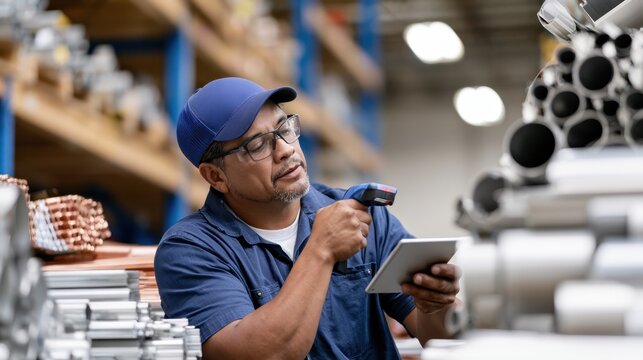 Warehouse worker scanning inventory with handheld barcode scanner and tablet for inventory management, logistics and industrial website background