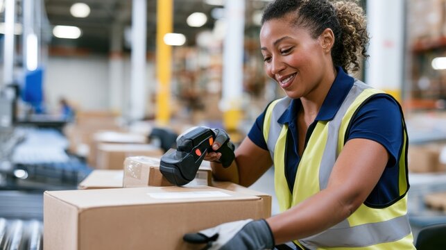 Warehouse worker scanning shipping labels with handheld barcode scanner for parcel processing, shipping and logistics operations background