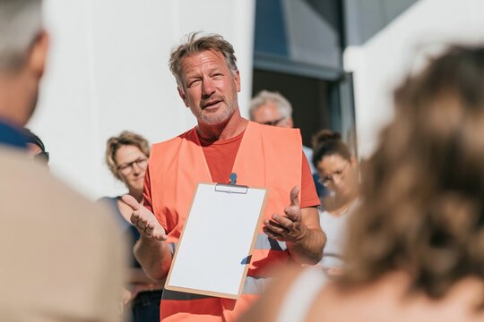 Fire marshal in a high-visibility vest leads an office evacuation drill, using a blank clipboard and natural gestures for safety training