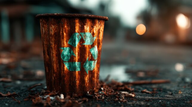This image captures a weathered recycling bin, showing signs of rust and neglect, serving as a poignant reminder of environmental issues in an urban, abandoned setting.
