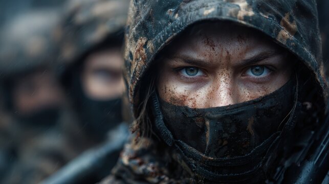 A striking portrait of a soldier with a focused expression, emphasizing strength and resilience in a challenging environment amid natural elements.