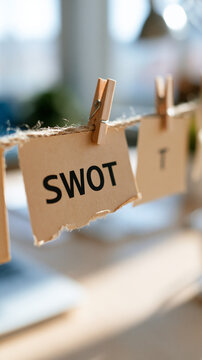 close up of swot analysis letters spelled out on torn brown paper notes hanging from a rope with wooden pegs, macro detail shot, business management concept, marketing strategy,