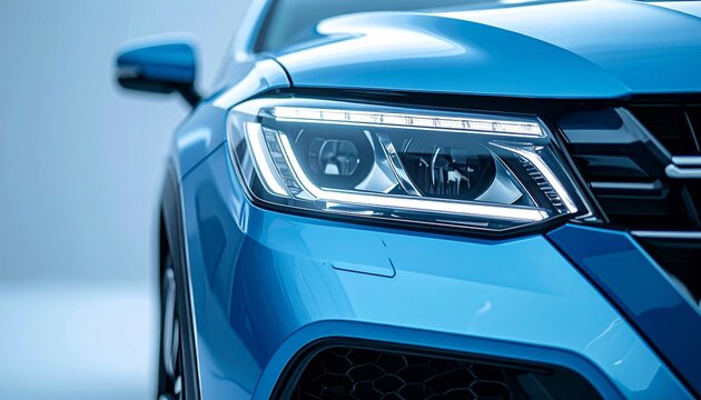 Modern blue car headlight and front bumper close-up