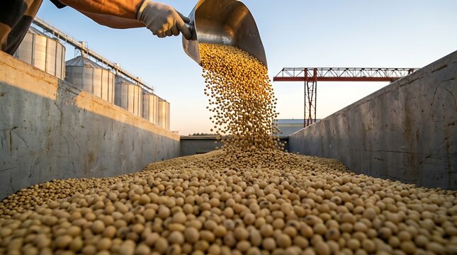 Fresh golden soybeans poured from metal scoop into trailer cart at rustic farm storage container for agricultural distribution and grain food processing supply.
