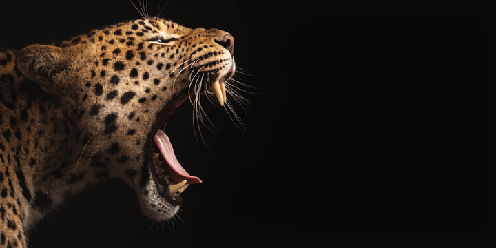 Roaring Leopard Profile on Black Background