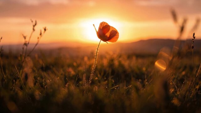 Single red poppy flower in a meadow against the golden sunset sky. Backlit wild flower in a summer field with grass silhouettes and lens flare. Nature and countryside at dusk