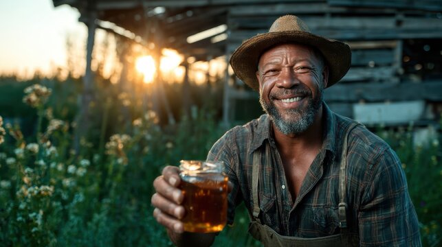 A cheerful farmer smiles widely while holding a jar of drink, surrounded by a beautiful landscape, representing hard work, joy, and the fulfillment of rural life's simple pleasures.