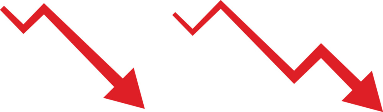 Red falling arrow business decline icon set. Financial loss decrease and stock market bearish trend symbol. Economic recession failure design