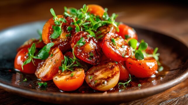 A mouthwatering dish featuring grilled cherry tomatoes garnished with fresh herbs, highlighting vibrant colors and rich textures that tempt the taste buds.