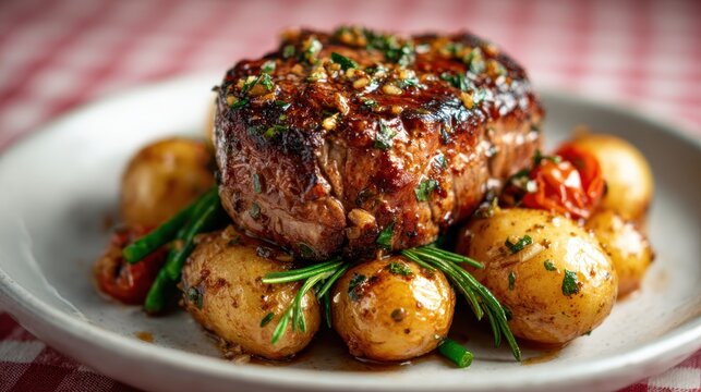 An exquisite plate featuring a beautifully cooked steak alongside perfectly roasted golden potatoes and fresh herbs, highlighting the artistry of gourmet cuisine with vibrant colors.