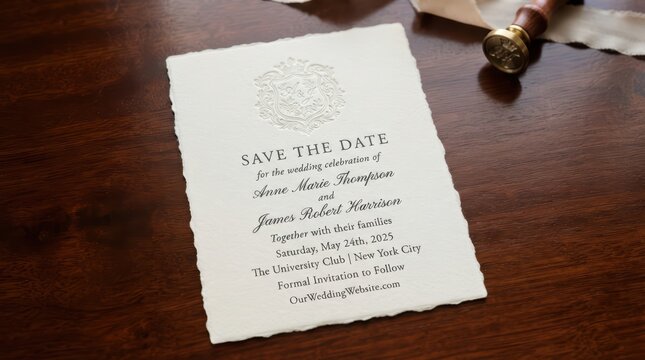 Save the date wedding invitation card with elegant calligraphy placed on a dark wooden table background isolated on transparent background