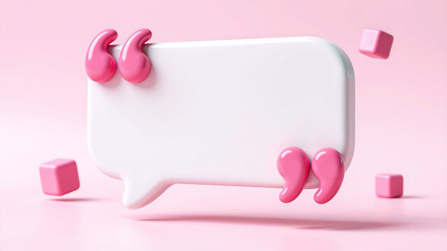 3D speech bubble with pink quotation marks and cubes