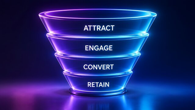 Glowing neon digital marketing sales funnel displaying attract engage convert retain stages on a dark reflective surface for business strategy.