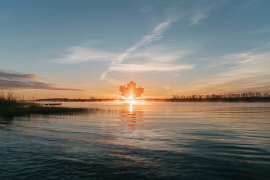 Giant glowing maple leaf acting as the sun over a misty river valley at dusk, featuring a calm water surface and copy space for seasonal campaigns