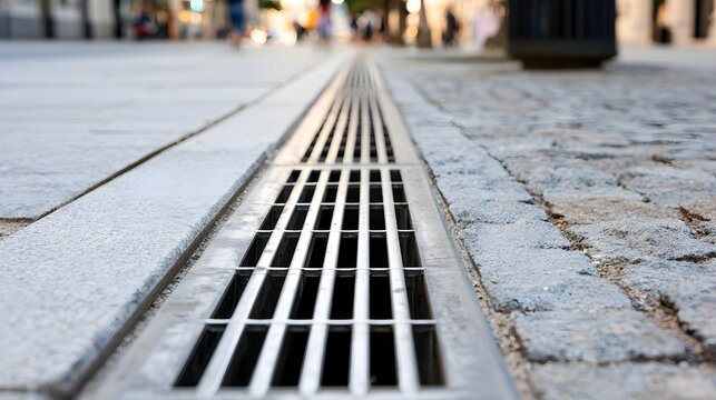 A long metal drainage grate runs down the center of a paved sidewalk  flanked by smooth concrete and cobblestone surfaces